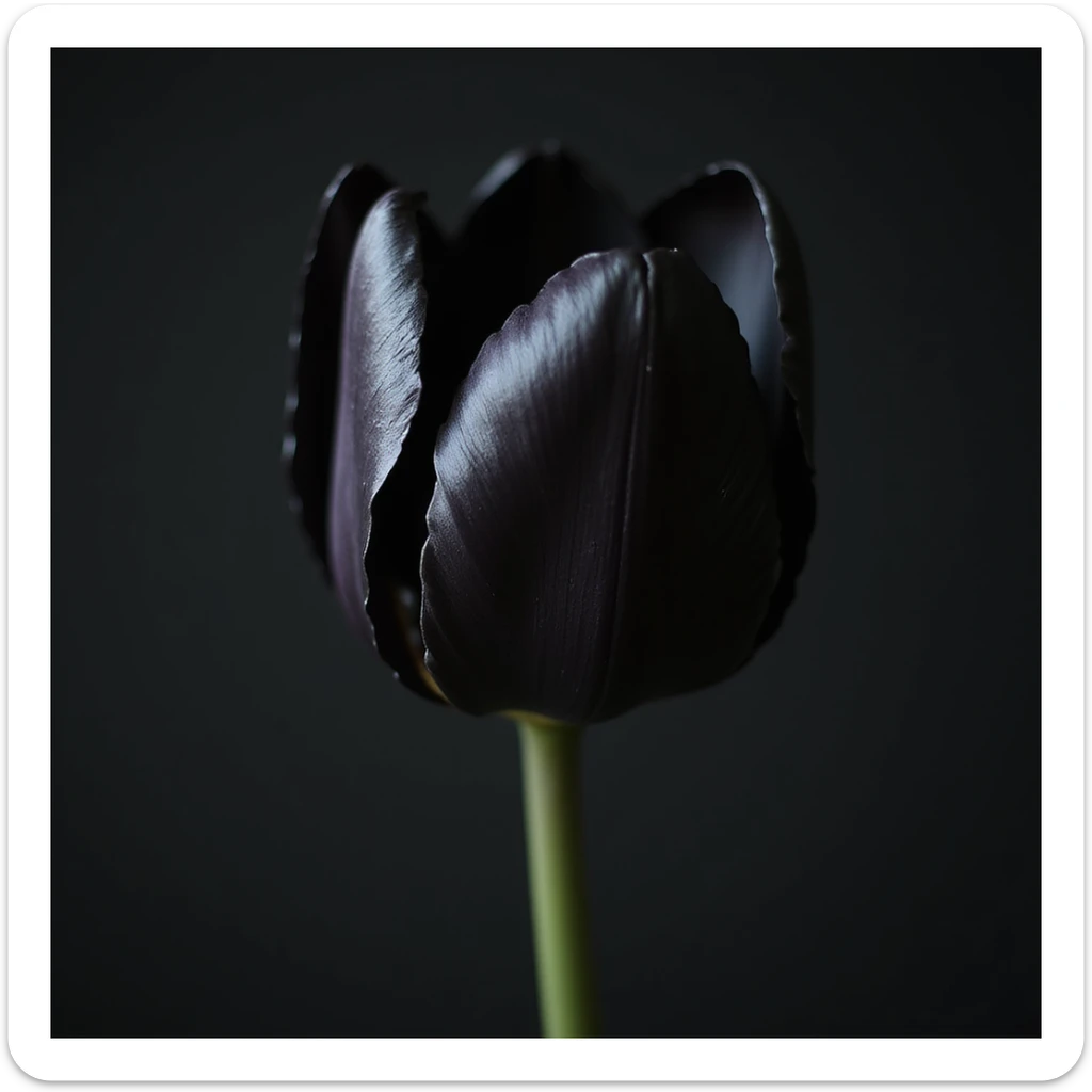 realistic goth tulip with black petals and dark green stem, photorealistic style sticker
