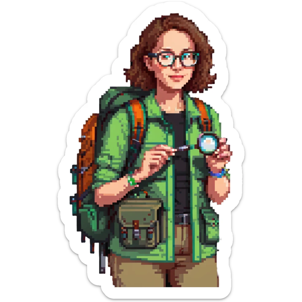 Enthusiastic woman naturalist in her 40s with glasses, colorful hiking outfit, backpack, holding magnifying glass sticker