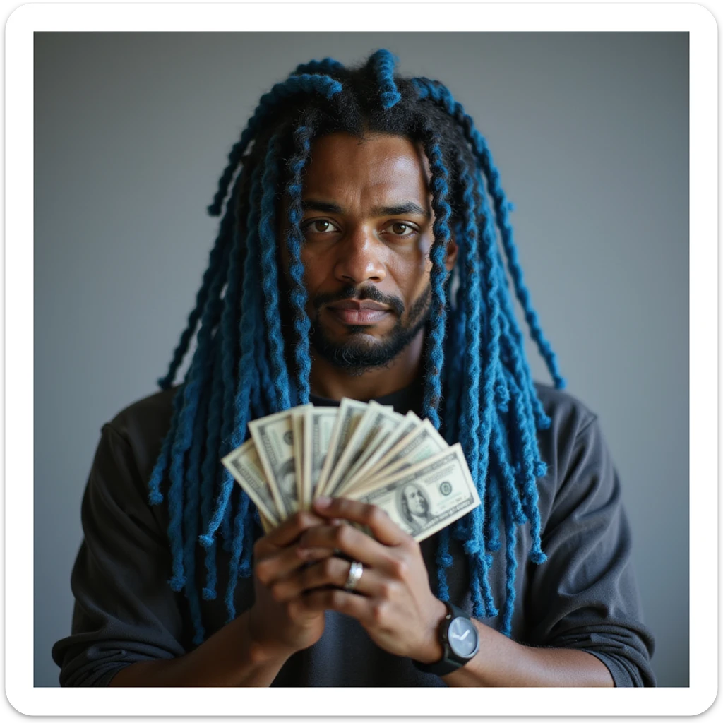 realistic person with blue dreadlocks holding money, photorealistic AI style sticker