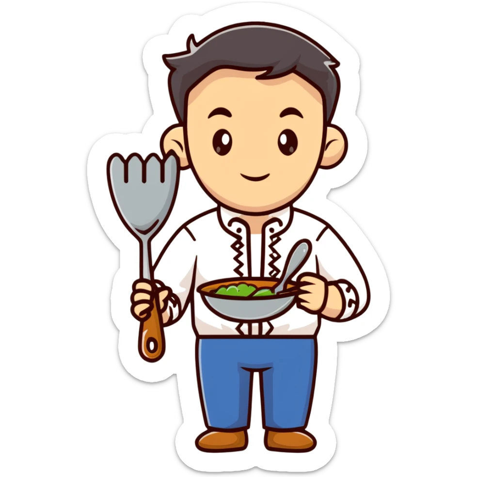 Ukrainian man in traditional white embroidered shirt holding a ladle and kitchen shears sticker