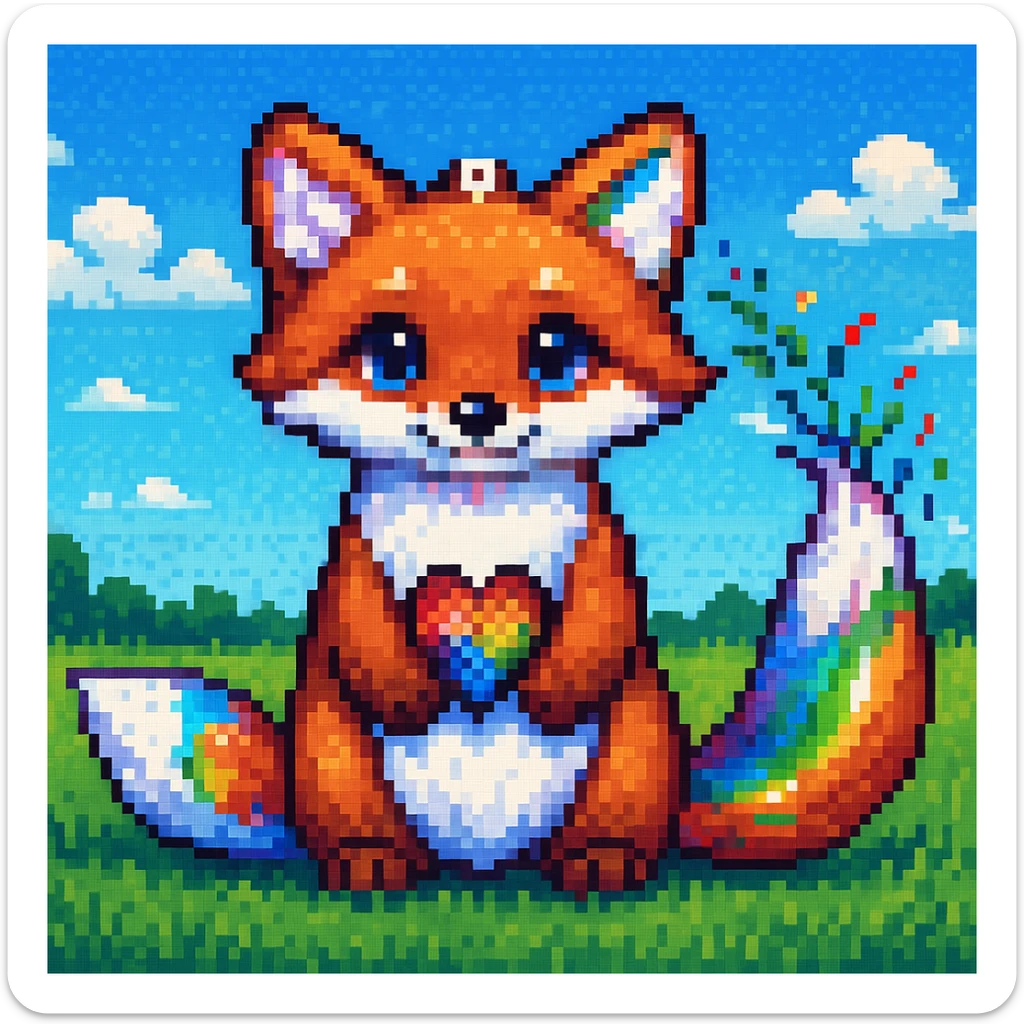 Add a pixel art outdoor background, such as a grassy field with a blue sky, to the cute fox with a rainbow. Maintain the pixel art style look. sticker