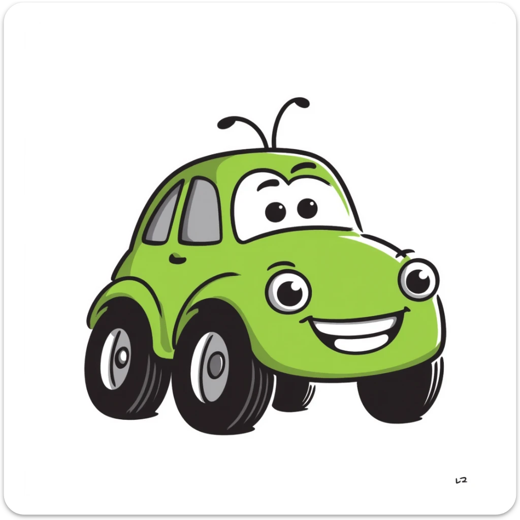 A hand-drawn green toy car with a silly grinning face and googly eyes sticker