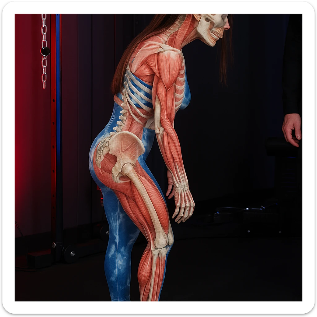 Overlay transparent anatomical muscles and bones directly on the photo of the girl, maintaining her posture and original details. Use a clear and faithful medical illustrative style with a clear overlay effect. sticker