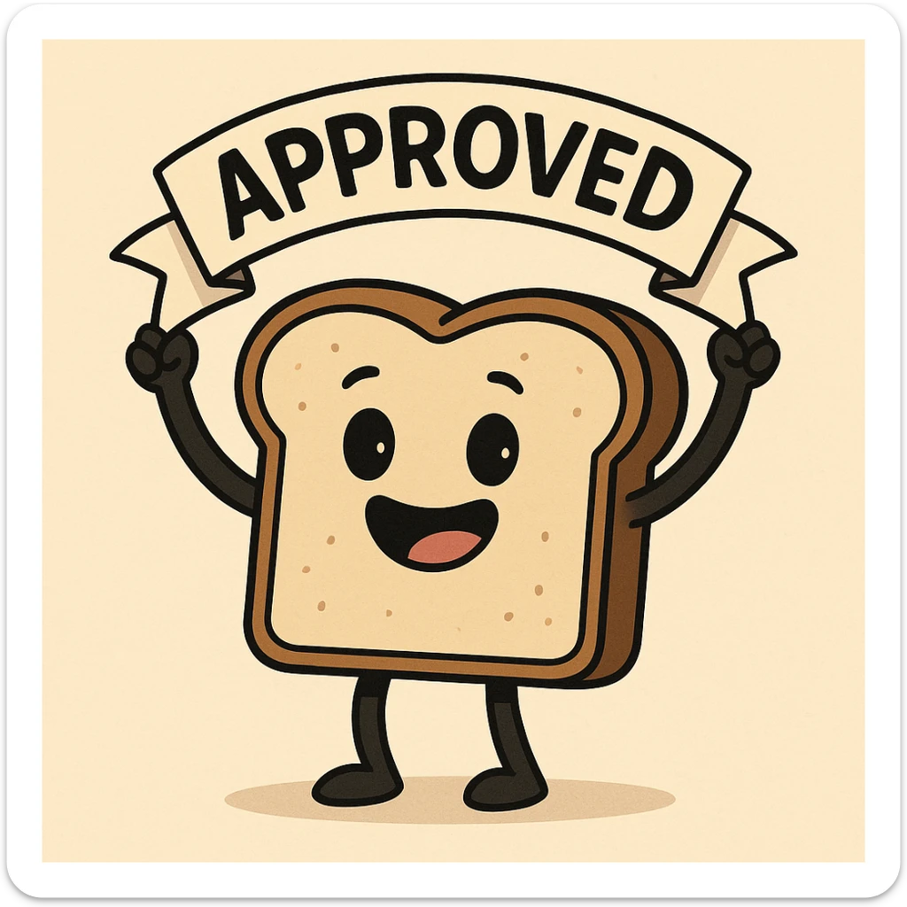 cute slice of toast with arms, smiling, holding a banner above its head that reads 'APPROVED', playful avatar design sticker
