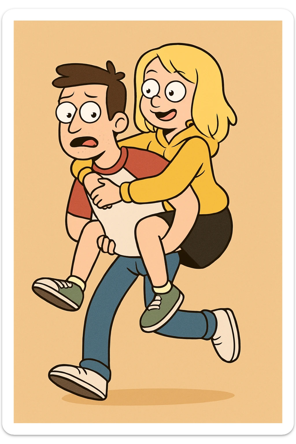 A man Raglan sleeves with Red t-shirts blue jeans white shoes carried by a cute a girl yellow hoodie black skirt green shoe  sticker