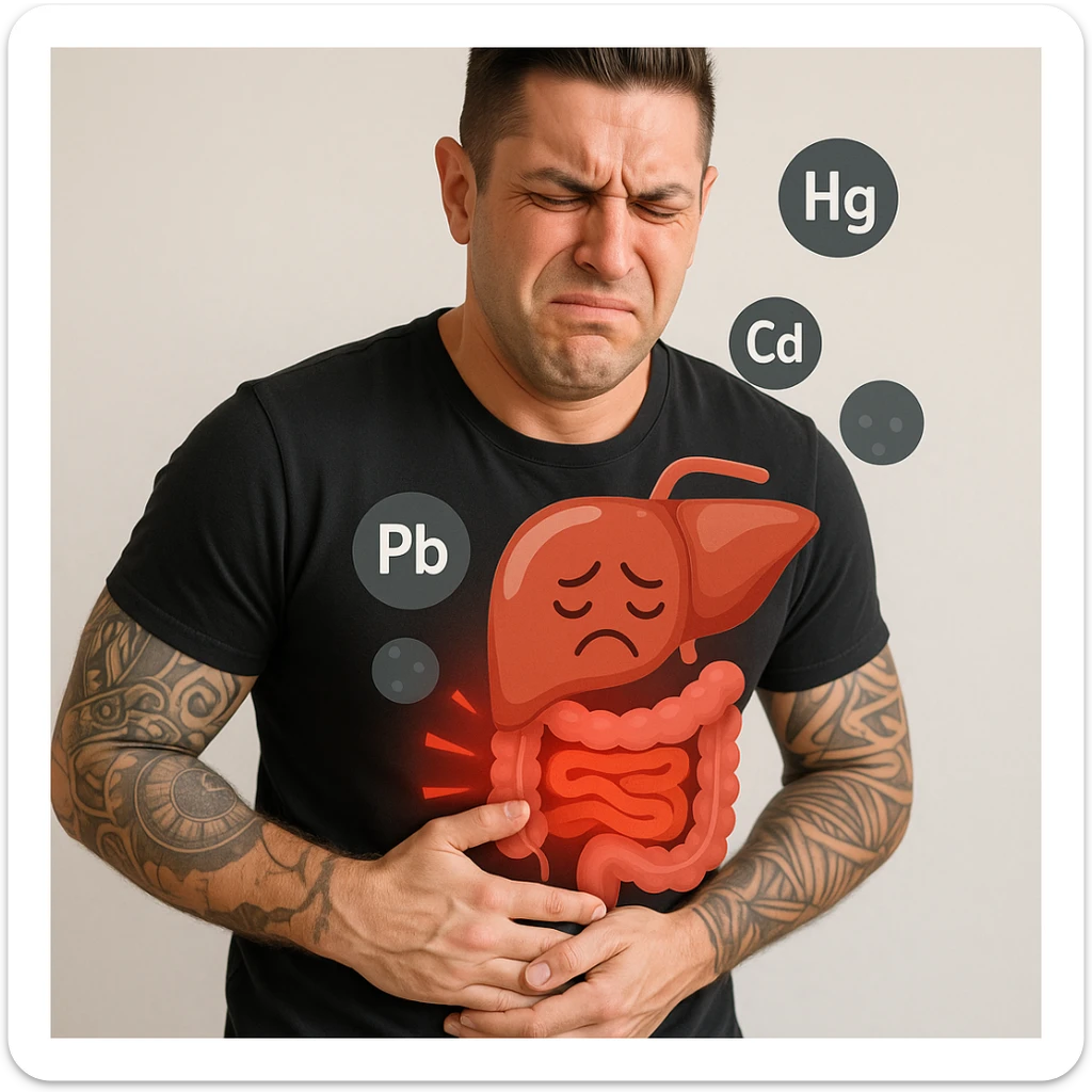Create a realistic image of a man with the face and appearance of the person in the reference photo, showing pain in the intestine and liver due to heavy metals. The man is holding his abdominal area and appears suffering. Add symbols or visual elements that represent heavy metals. The tone should be educational and respectful. sticker
