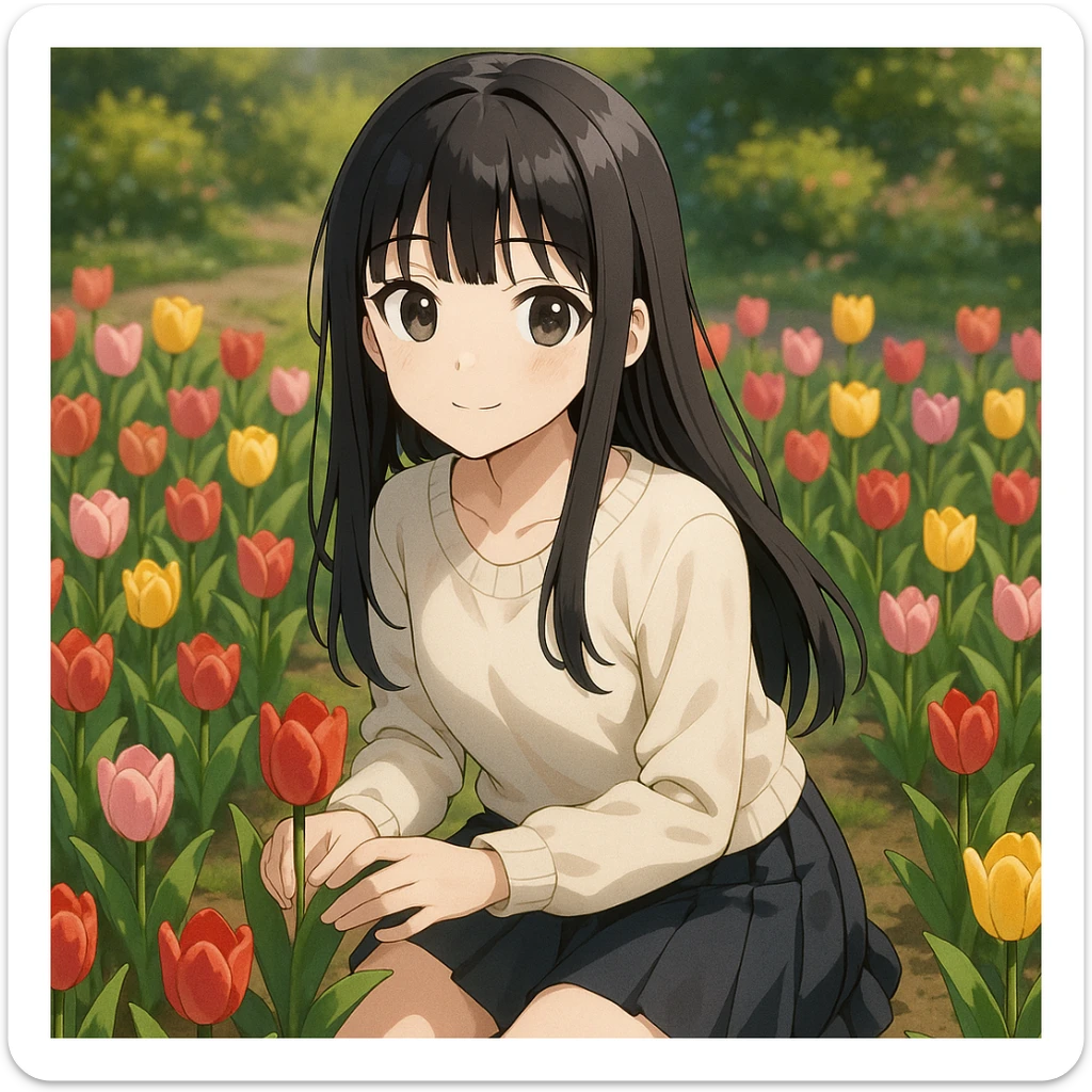 3D anime style girl with long black hair and thin bangs, kneeling among tulips in a garden sticker