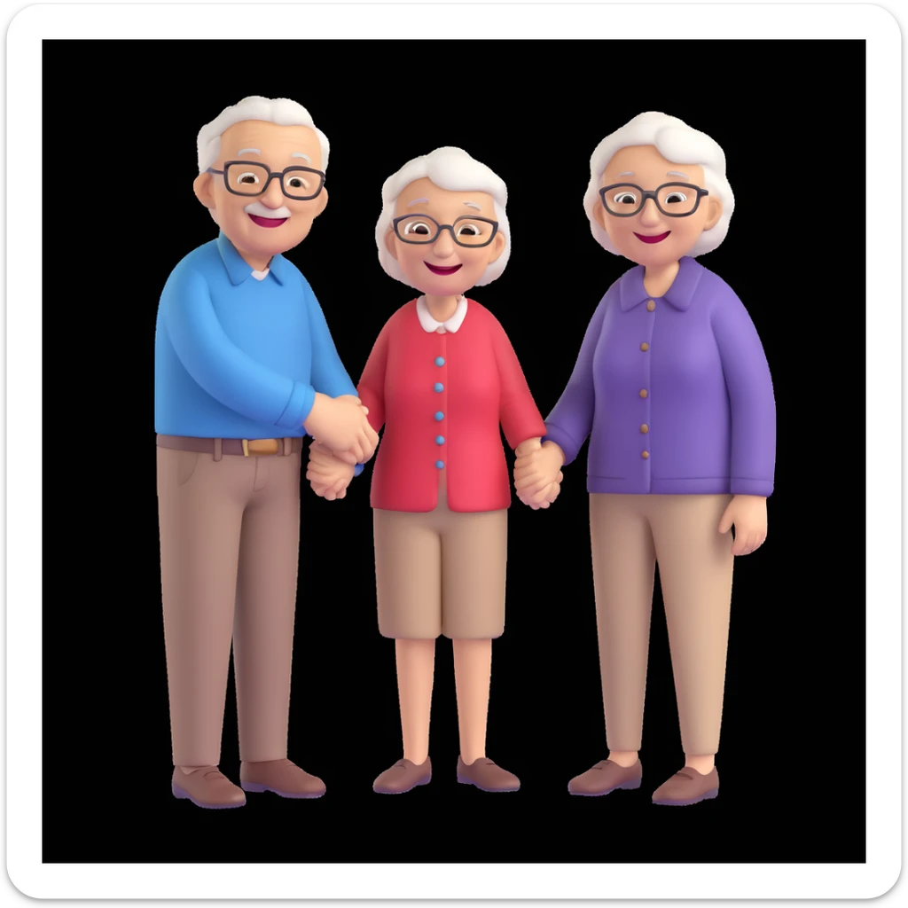 elderly man and woman holding hands and laughing, realistic 3D style, cozy setting sticker