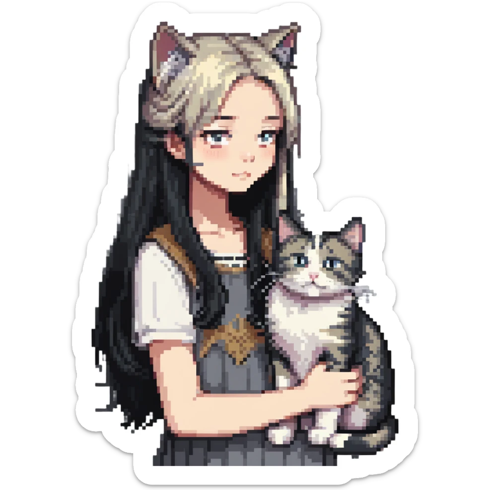 Beautiful girl with long black hair petting a gray and blonde mixed cat sticker