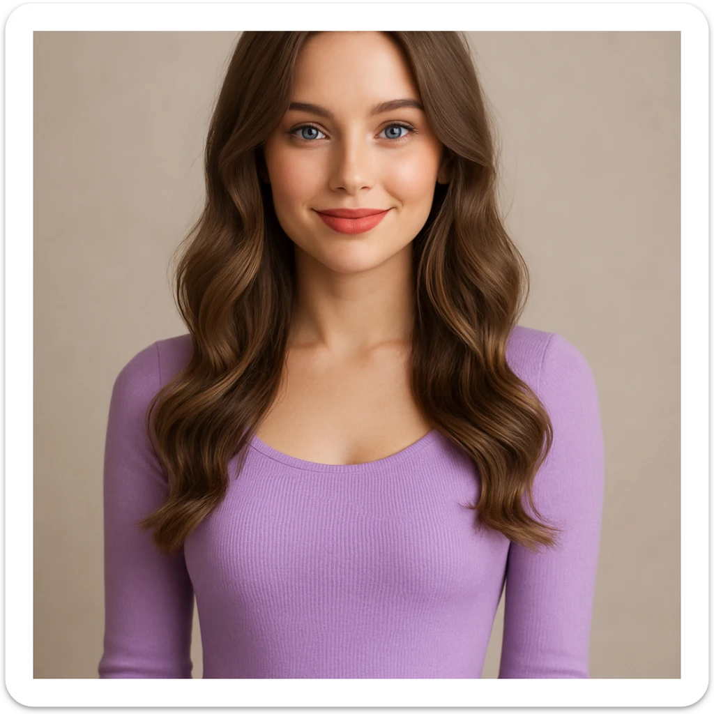 A pretty woman with a sweet smile, long slightly curly ash brown hair, blue eyes, nude lipstick, in a snug lilac dress, radiating chic and elegant vibes. sticker