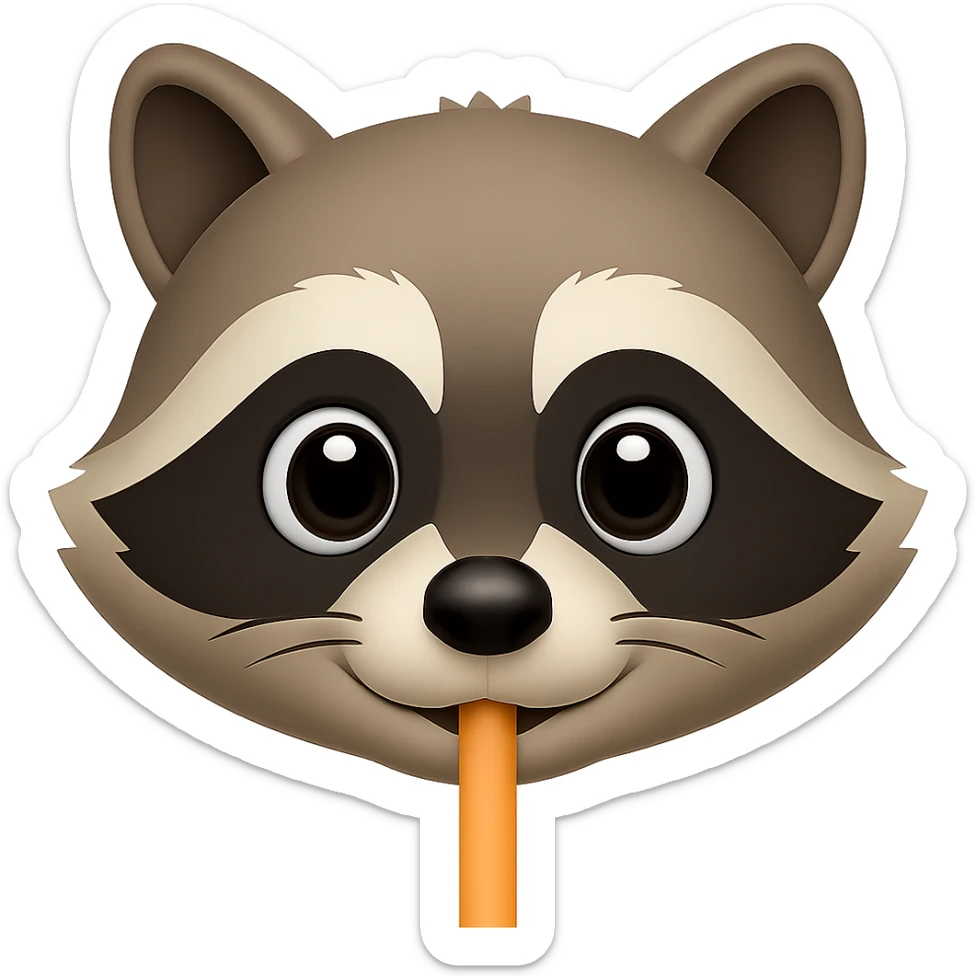 Show only the raccoon's face drinking through a straw in the style of apple emojis, with no background, focusing on concise emoji style details. sticker