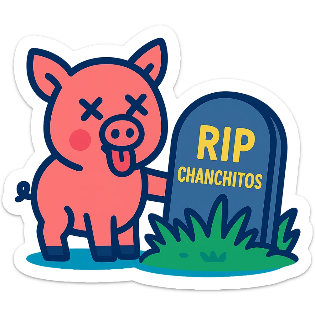 Add the text 'RIP CHANCHITOS' on the tombstone and depict the pig with a dead expression (X eyes, tongue out) in vibrant cartoon style, no background. sticker