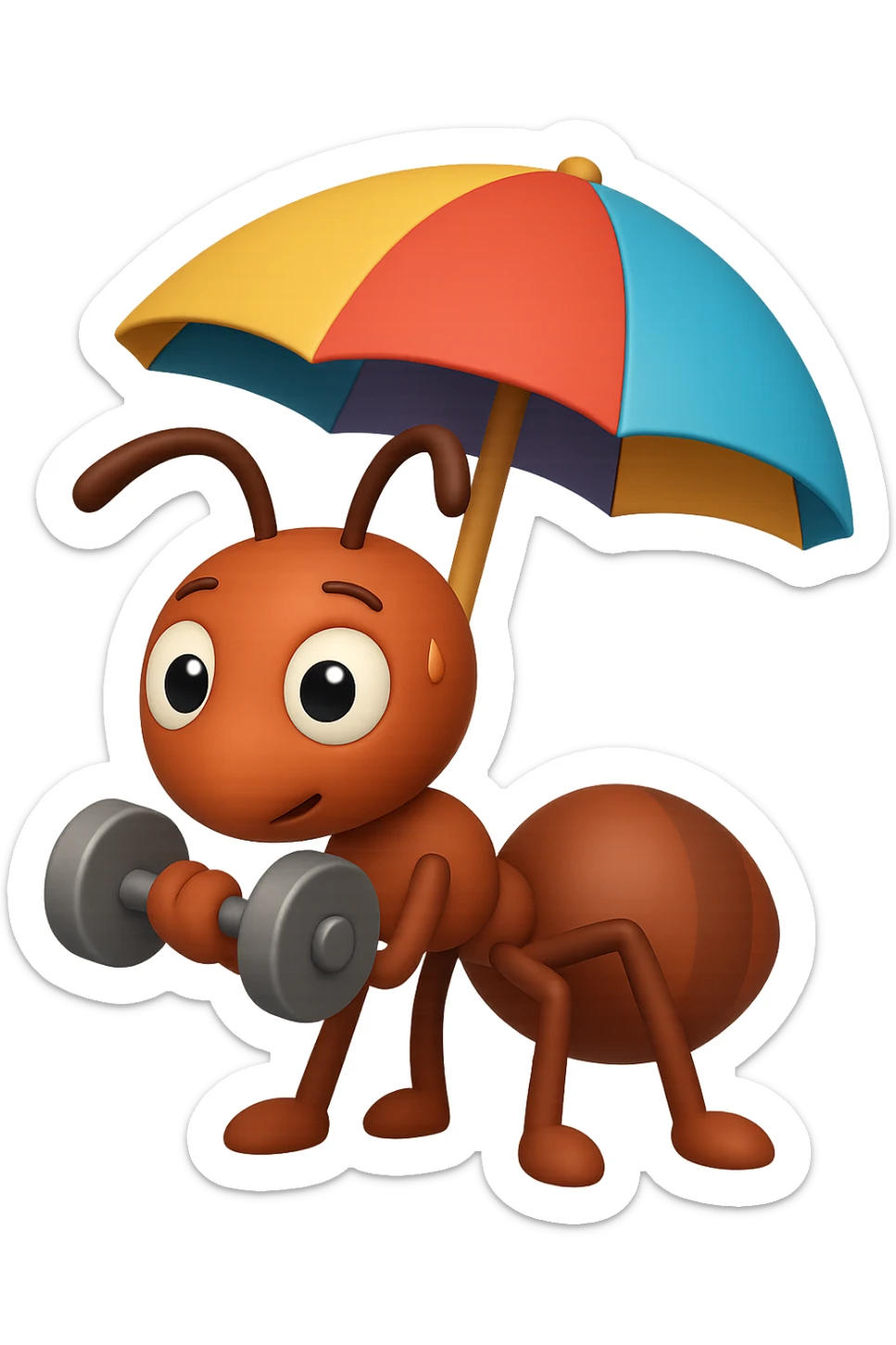 EMOJI STILE IPHONE 3D DI una formica che si allena sotto l'ombrellone in spiaggia con un manubrio da palestra in mano, fagli anche la parte bianca degli occhi, non solo la pupilla sticker