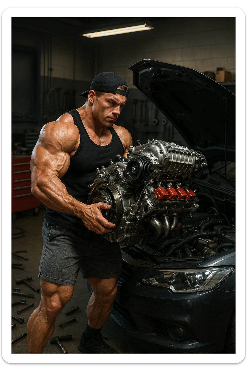 a muscular bodybuilder in gym attire stands next to a car with the hood open, lifting a large, shiny, high-performance engine with ease. His expression is focused and determined as he installs the new engine. The background is a modern garage, with tools and car parts scattered around, emphasizing strength and mechanical skill. sticker