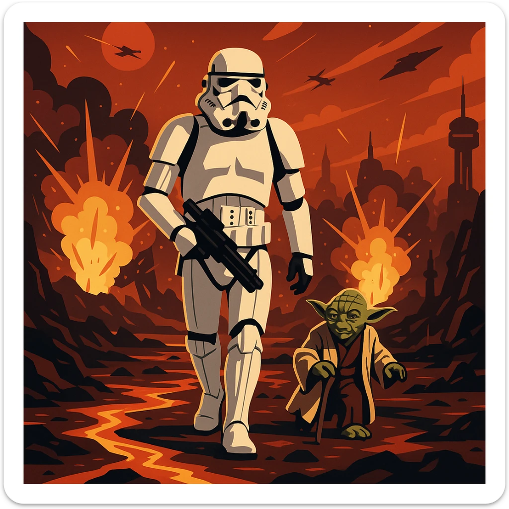 vector art of a Starwars stormtroopers is walking on lava planet with yoda, battleground background 
 sticker