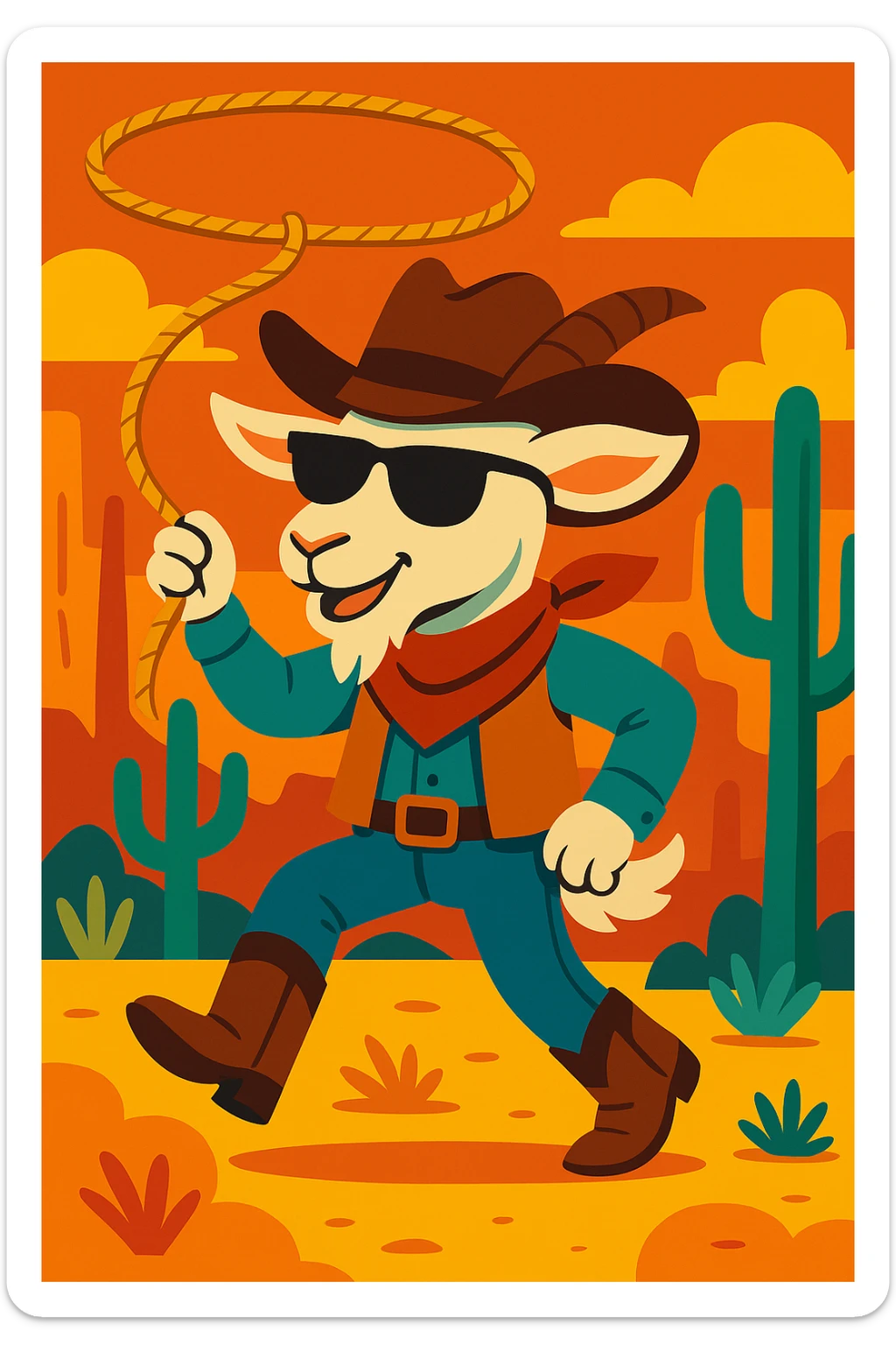 Add cool black sunglasses to the goat cowboy, keep the vibrant cartoon style. sticker
