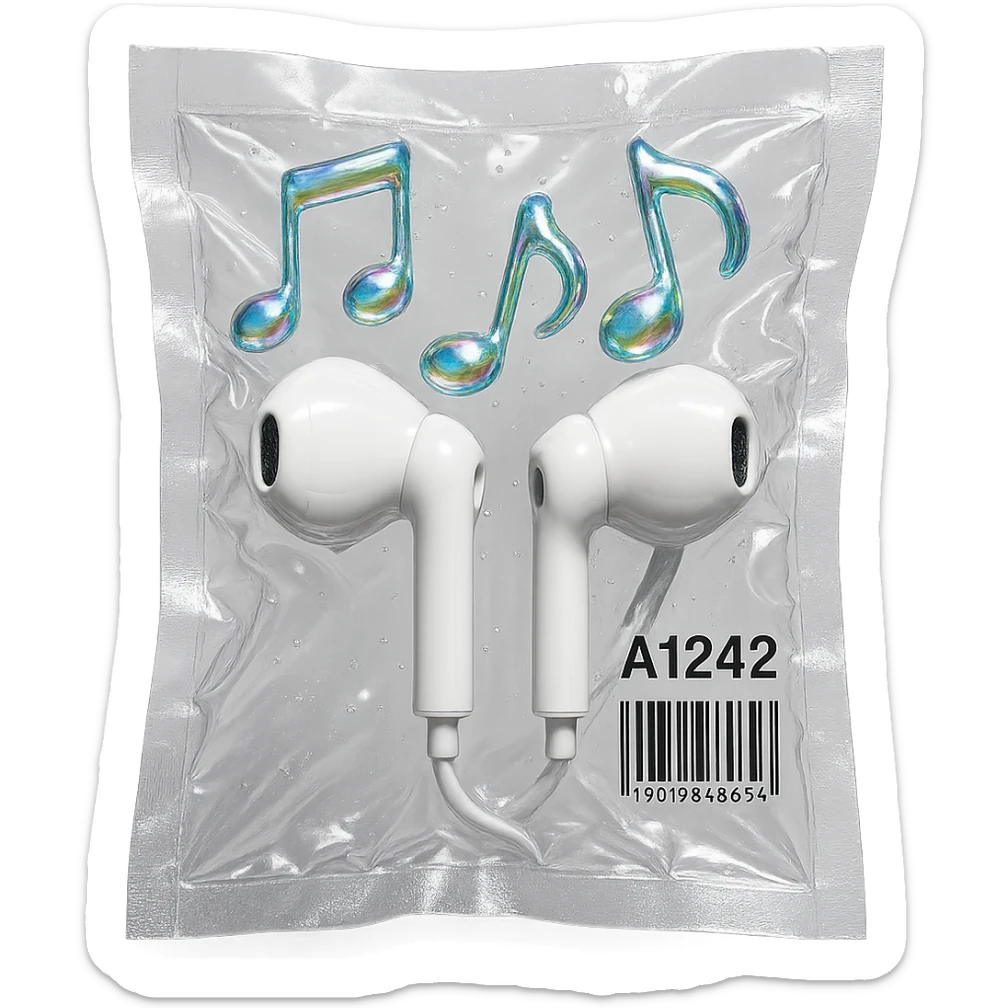 pair of white EarPods with three floating iridescent glass music notes, shiny and puffy, vacuum-sealed style sticker