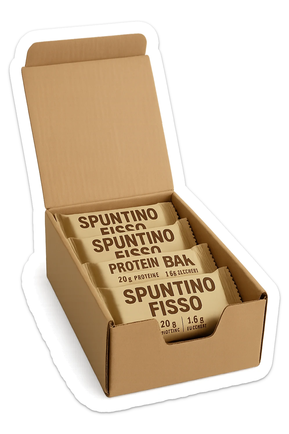 scatola aperta piena di barrette proteiche, con la scritta "SPUNTINO FISSO" SULLA CONFEZIONE in italiano,  realistici sticker