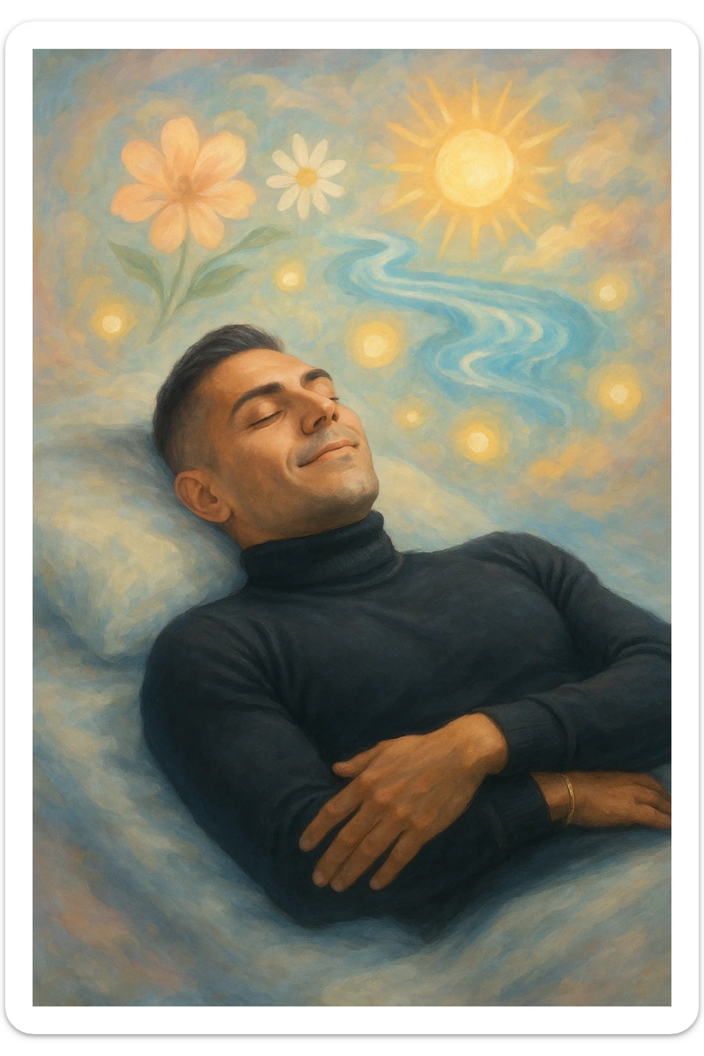 Un uomo sdraiato su un letto o una superficie fluttuante, con un'espressione serena e gli occhi chiusi. Attorno a lui, proiettate dalla sua mente, si materializzano immagini vivide di benessere e armonia: sticker