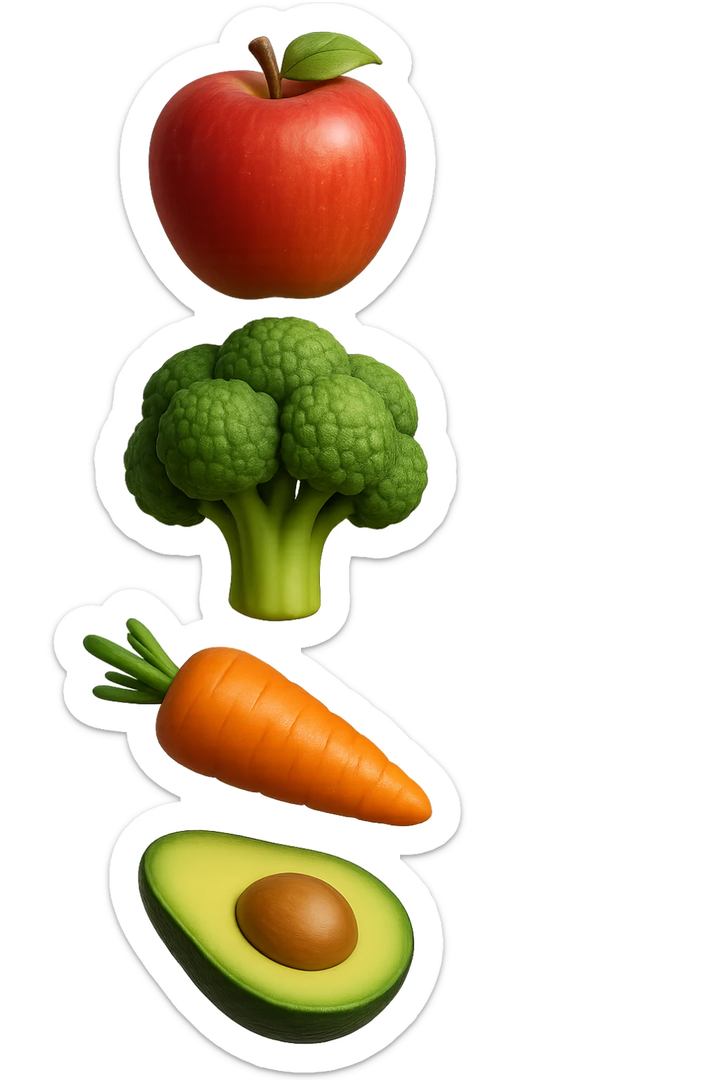 emoji stile iphone in 3d di cibo sano che fluttua in aria vericalmente, iperrealistico 4k sticker