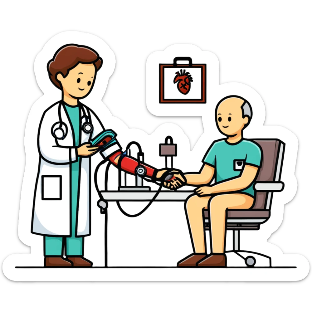 Doctor checking patient's blood pressure during annual medical check-up, healthcare screening sticker