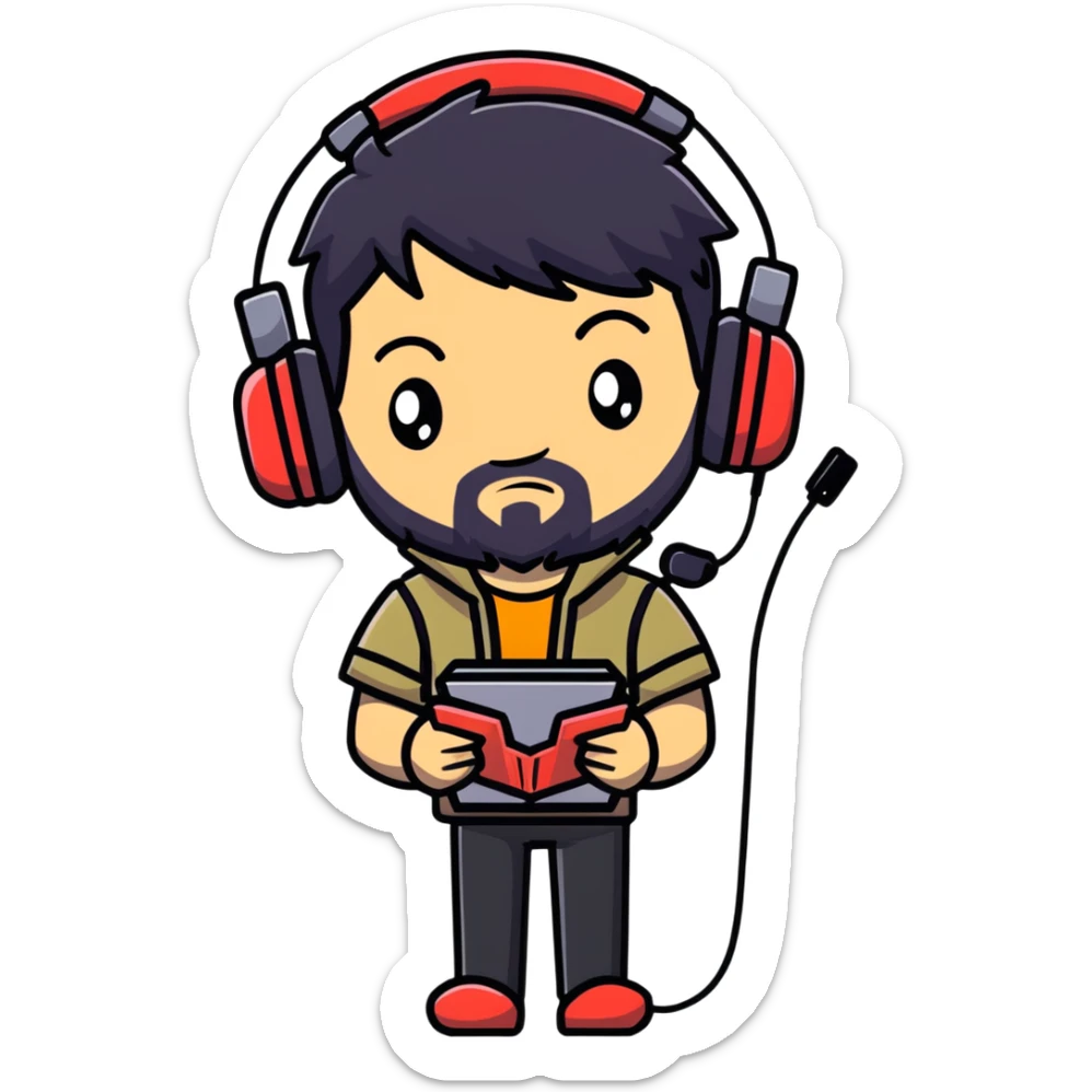 Anime-style character with black hair, brown eyes, black beard, and gaming headset, Japanese animation style sticker