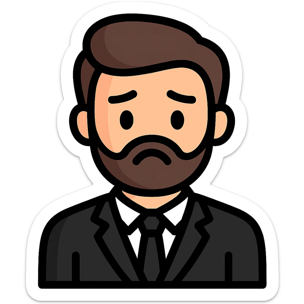 Create a simplified, vector-style Twitch emoji version of the person in the photo. Focus on the face and upper torso, dressed in a suit, with a sad expression. Background should be transparent and the style should be clean and minimalistic, suitable for Twitch emoji use. sticker