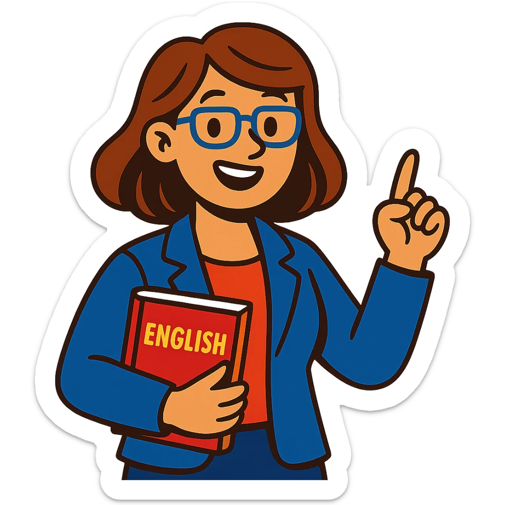 woman English teacher with brown hair, holding a book, vibrant toon style sticker