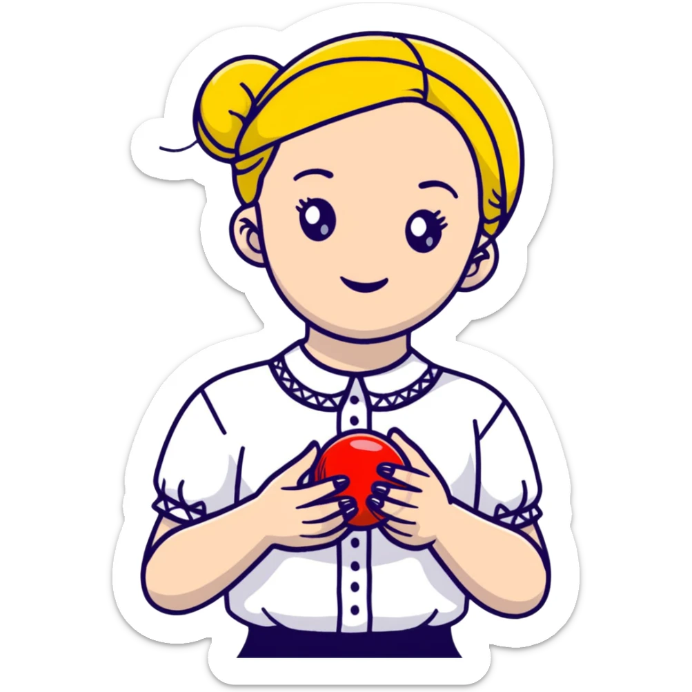 A young Ukrainian girl in a white embroidered shirt holds a ball of thread in her hand sticker