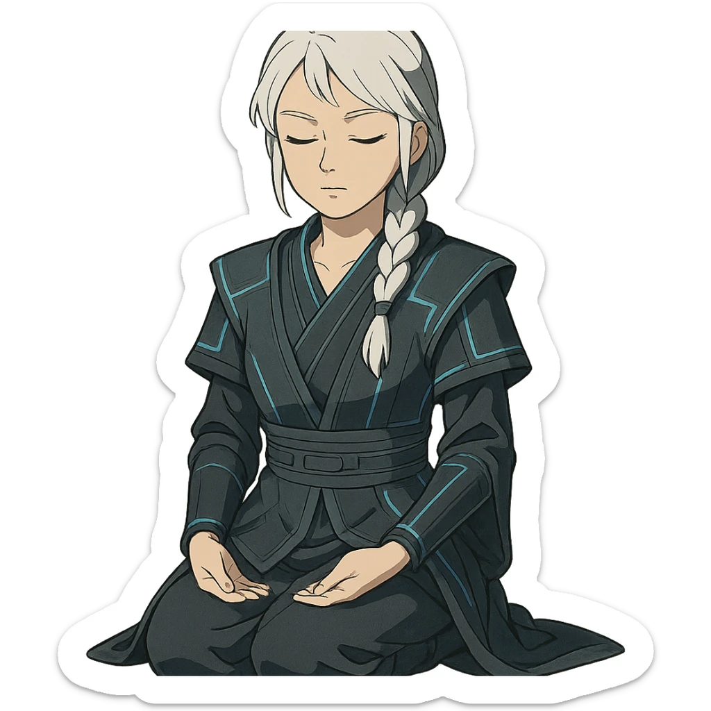  a closeup portrait of young woman with gold yellow eyes, white hair, long braid, black off-shoulder top, punk gothic style, futuristic cyberwave cyberpunk,  jedi attire, kneeling and gathering chi, jedi meditate, eyes closed hands at full rest. original republic jedi robes padawan sticker