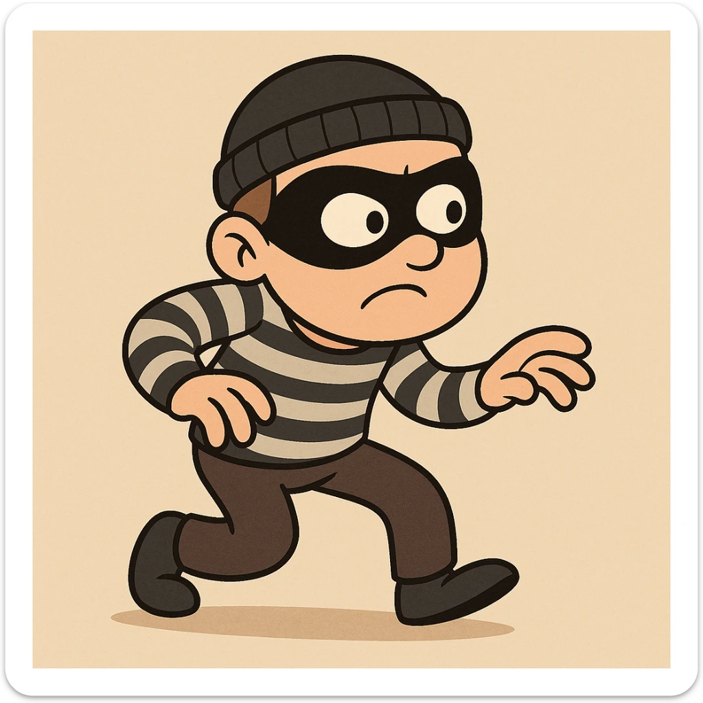 cute thief in a black eye mask and striped shirt, sneaking, cartoon style sticker