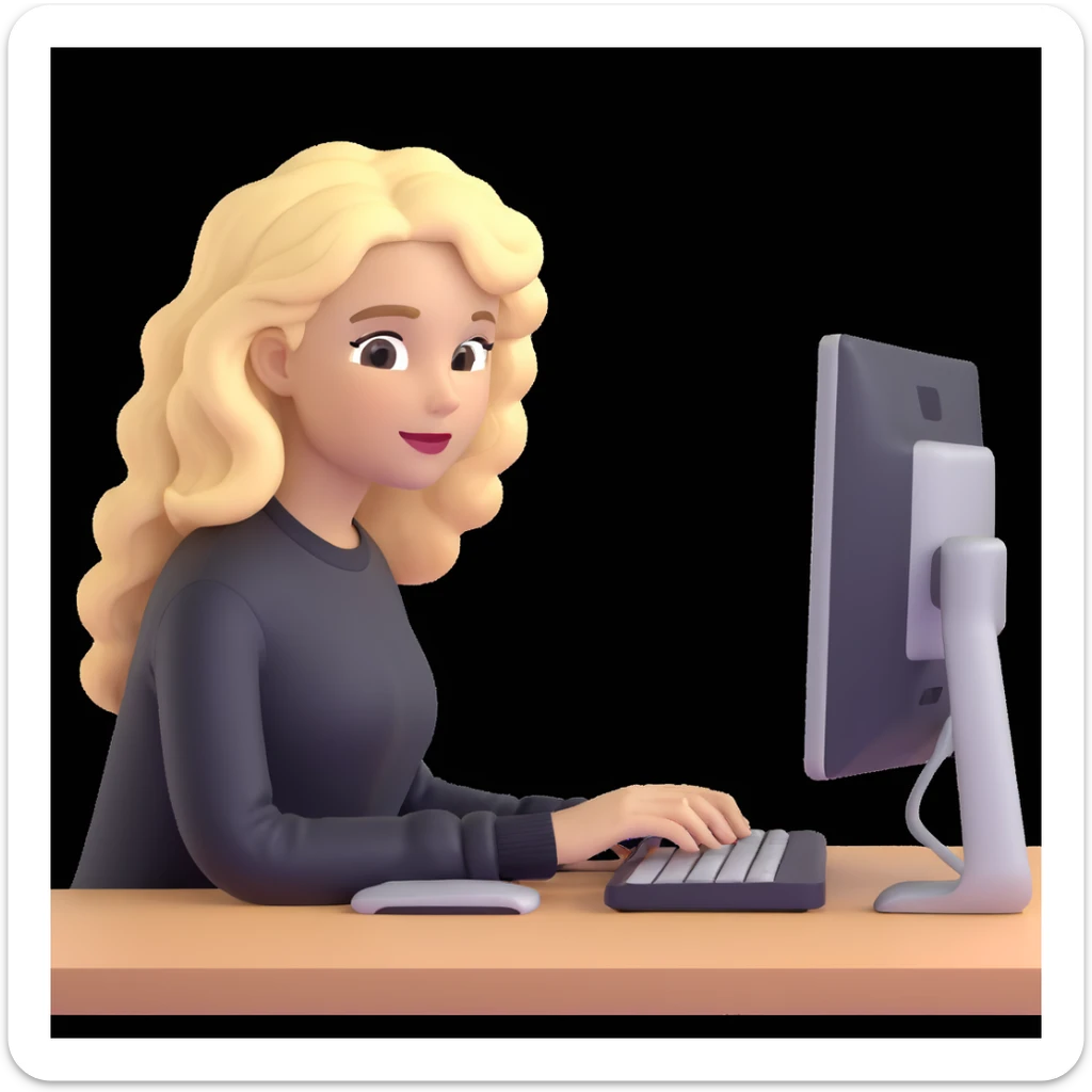 brown-eyed blonde young woman with wavy hair, wearing a black sweater, working on a computer in a cozy office sticker