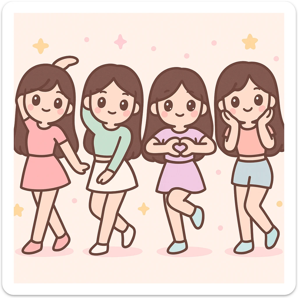 beautiful skinny women with long dark brown hair, kpop girl group at dance practice, pastel outfits, cute dance moves, studio background, kawaii style sticker