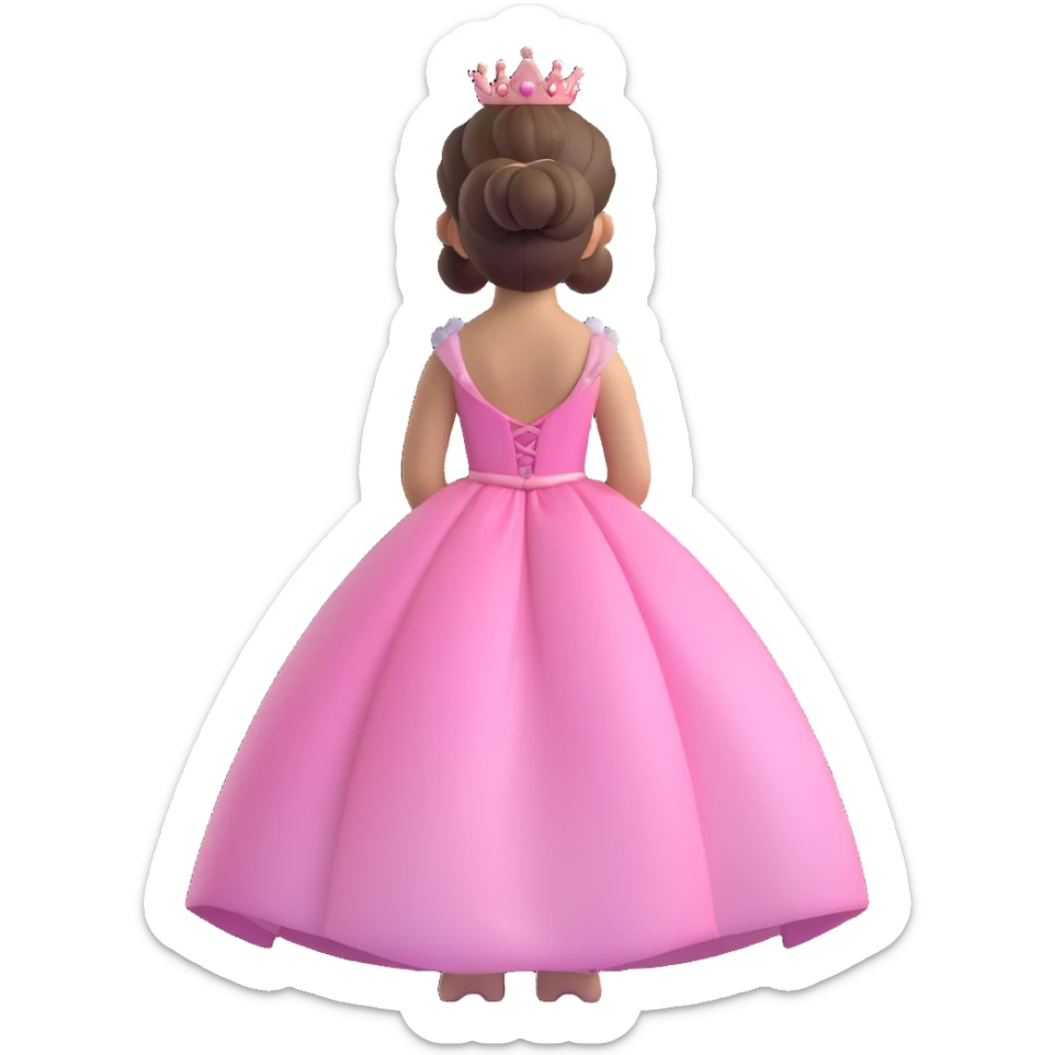 princess with brown hair in a bun, pink dress and tiara, back view, iOS 3D emoji style, high gloss, soft shadows, realistic and adorable sticker