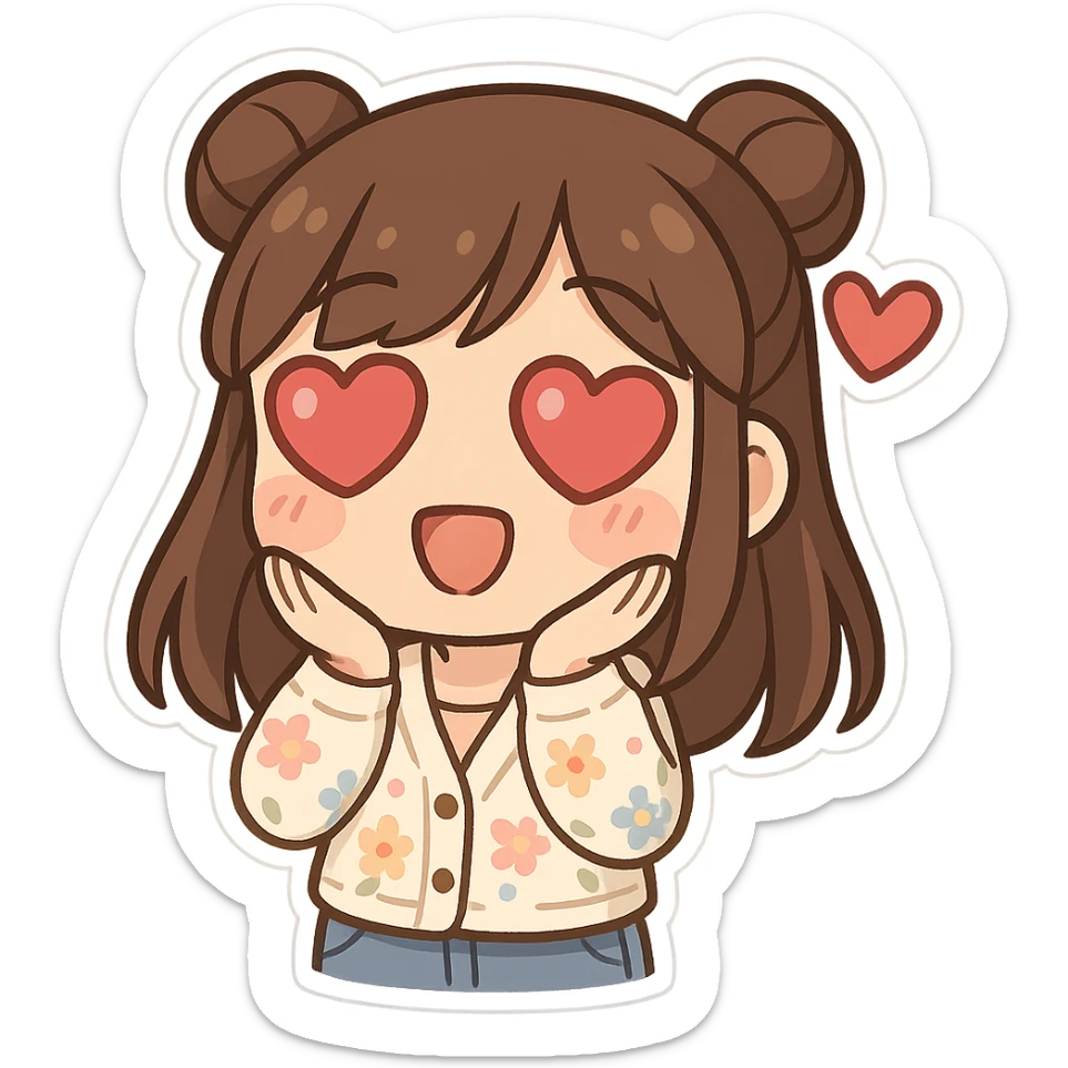 chibi sticker of a girl with brown straight hair in double buns, brown eyes, wearing a pastel floral cardigan and jeans, white outline, in love with heart eyes, transparent background, 512x512px sticker