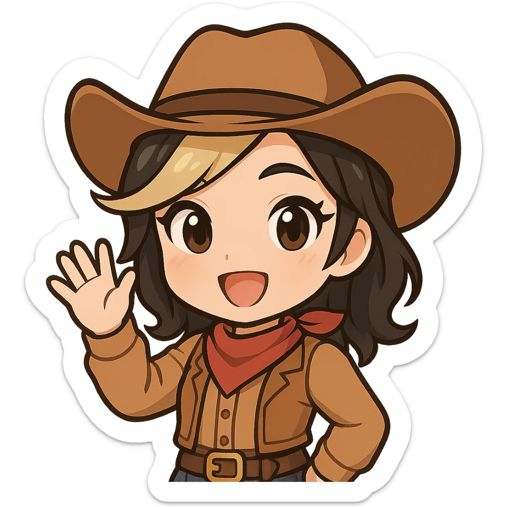 Chibi cowgirl with slightly longer hair and a blonde streak, wearing a cowboy hat and western outfit, no guns, chibi/anime style, transparent background, sized for Twitch or Discord use. Pose: waving, big happy smile. sticker