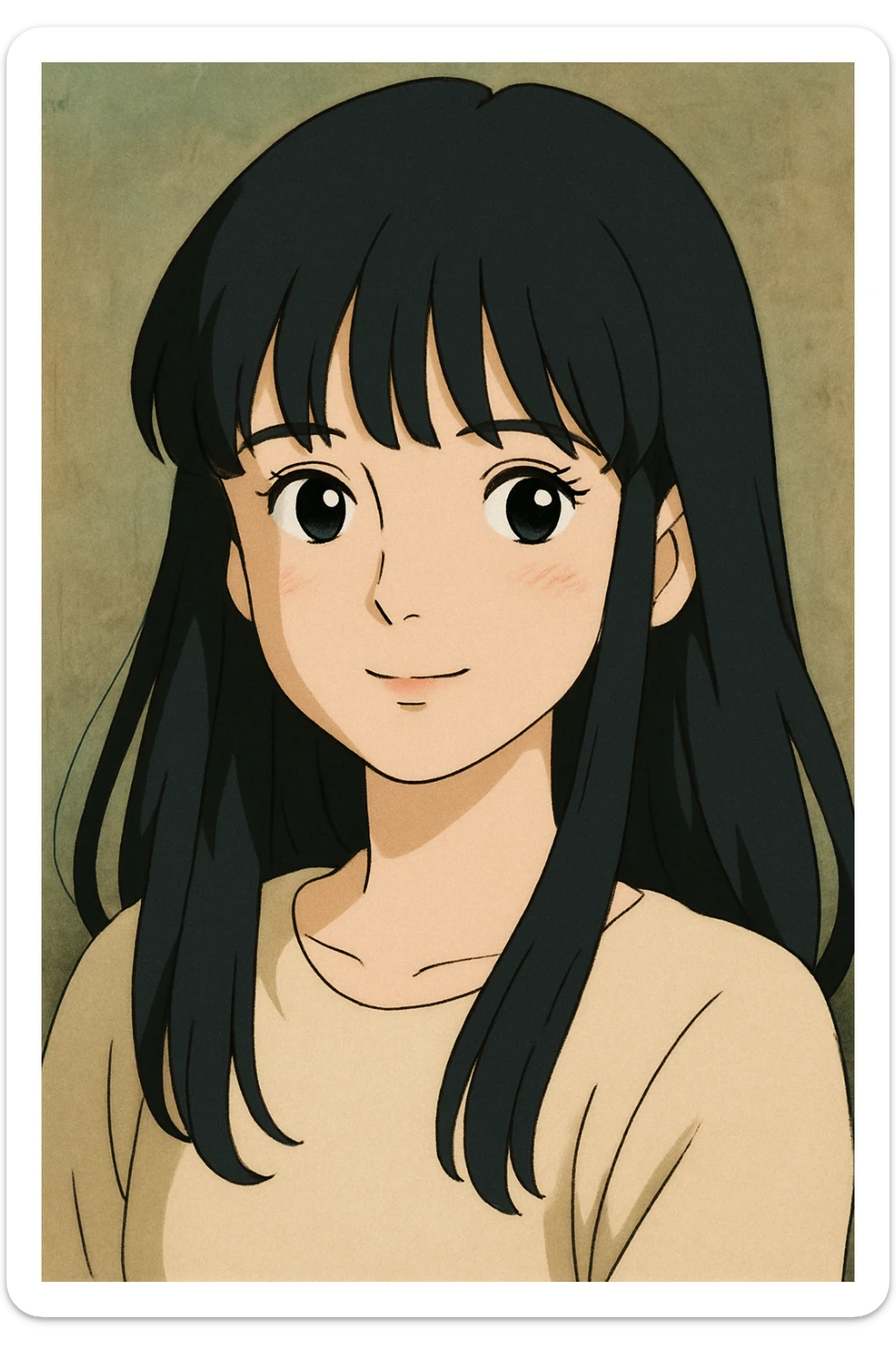 portrait of a pretty white girl with long black hair and thick bangs, gentle expression, ghibli style sticker