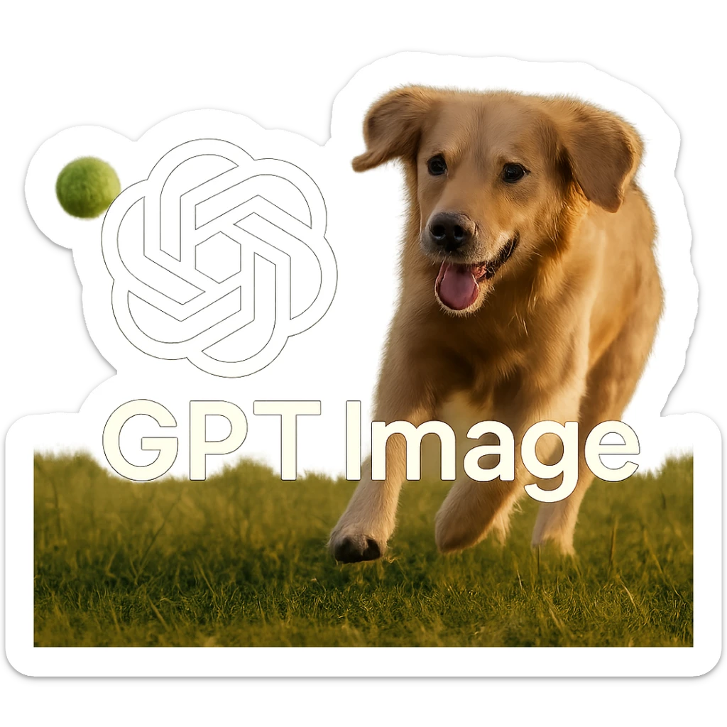  logo of chat gpt with text "GPT Image" on the background of a dog chasing ball, realistic image sticker