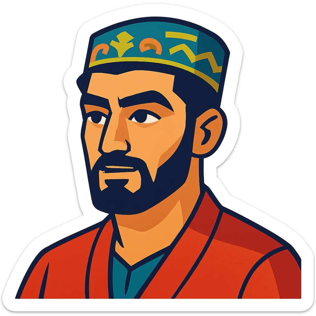 A Tajik man with masculine features, expressive eyes, thick eyebrows, dark hair, and light-olive skin, neatly kept facial hair sticker