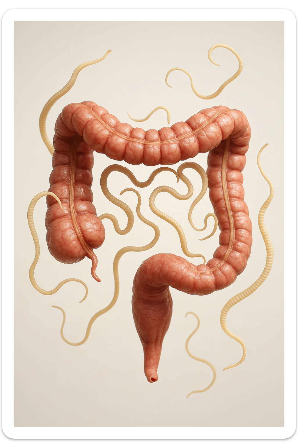 INTESTINO UMANO ANATOMICO REALISTICO FLUTTUA IN ARIA INSIEME A PARASSITI COME LA TENIA, SFONDO CHIARO, iperrealistico 4k sticker