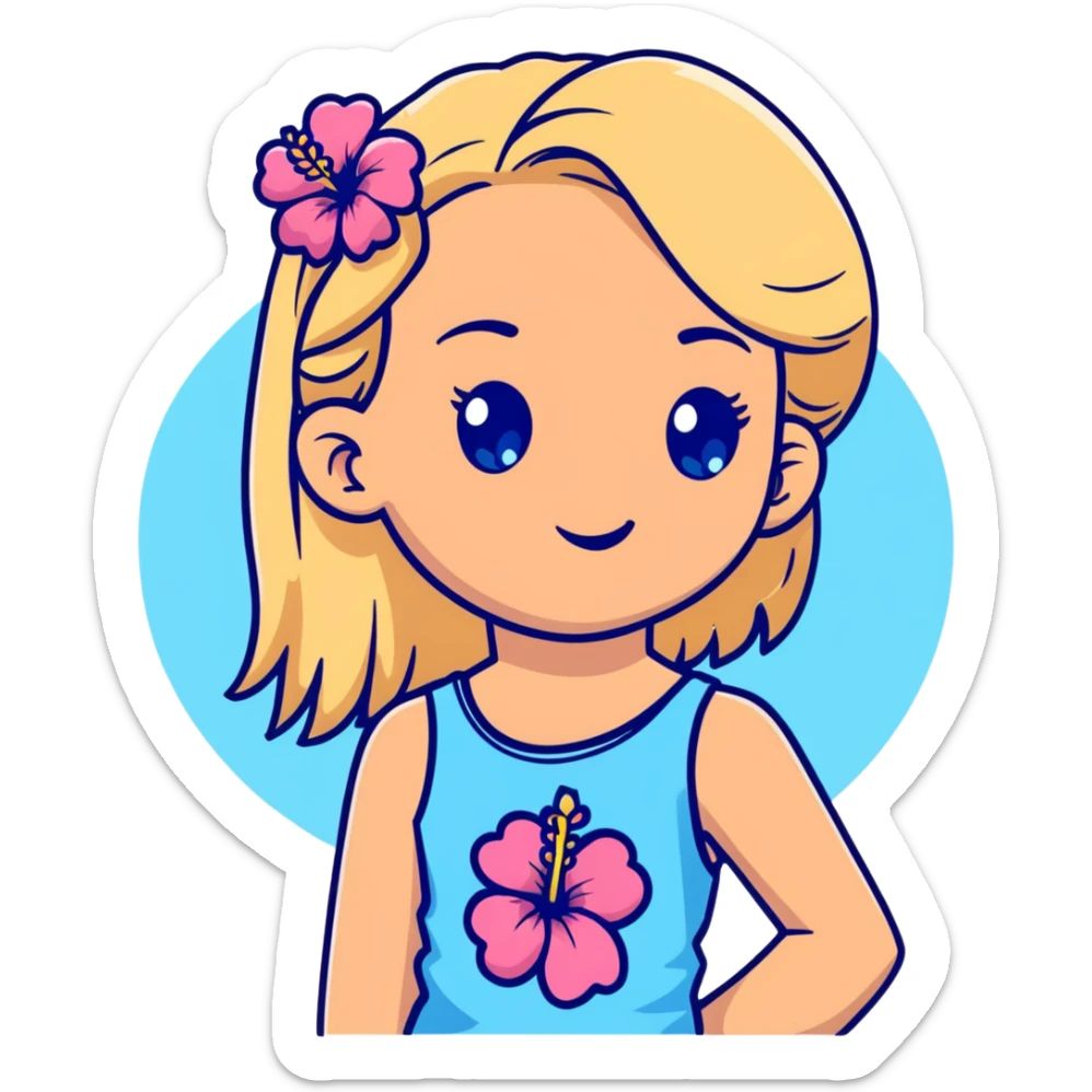 preppy coastal teen girl with blue eyes, beach blonde hair, tan skin, hibiscus flower in her ear, preppy beach outfit sticker