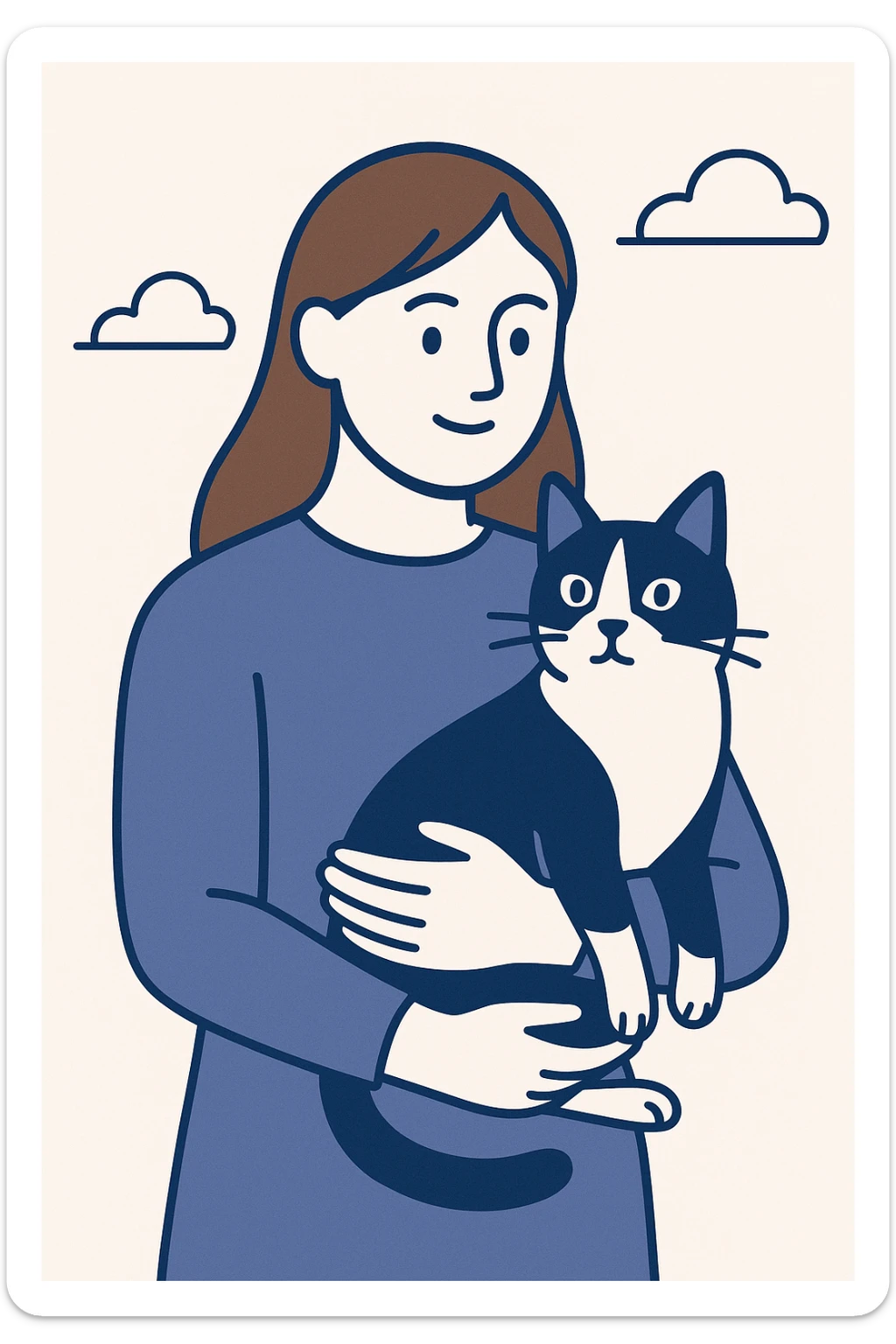 a person with brown long hair holding a black and white cat, clean modern illustration style sticker