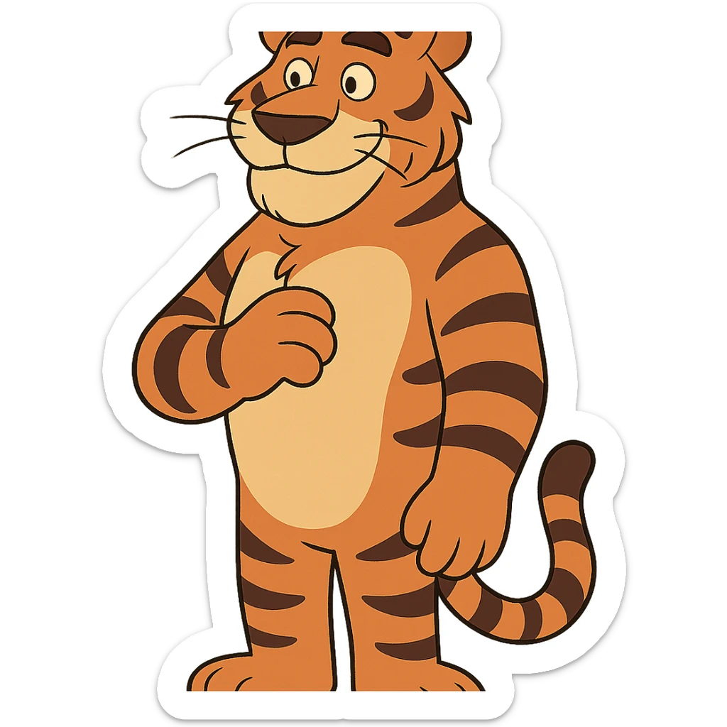 a tall, kind tiger, warm and gentle demeanor, cartoon style sticker
