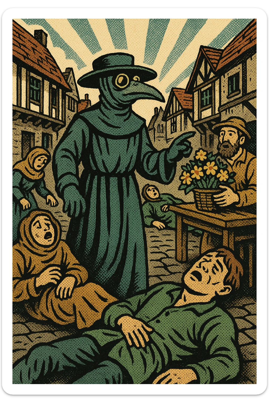 A street scene from a town in the 1600s in England with a plague doctor, several plague victims and an apothecary selling strong smelling flowers. This will show the Great Plague of 1665 sticker