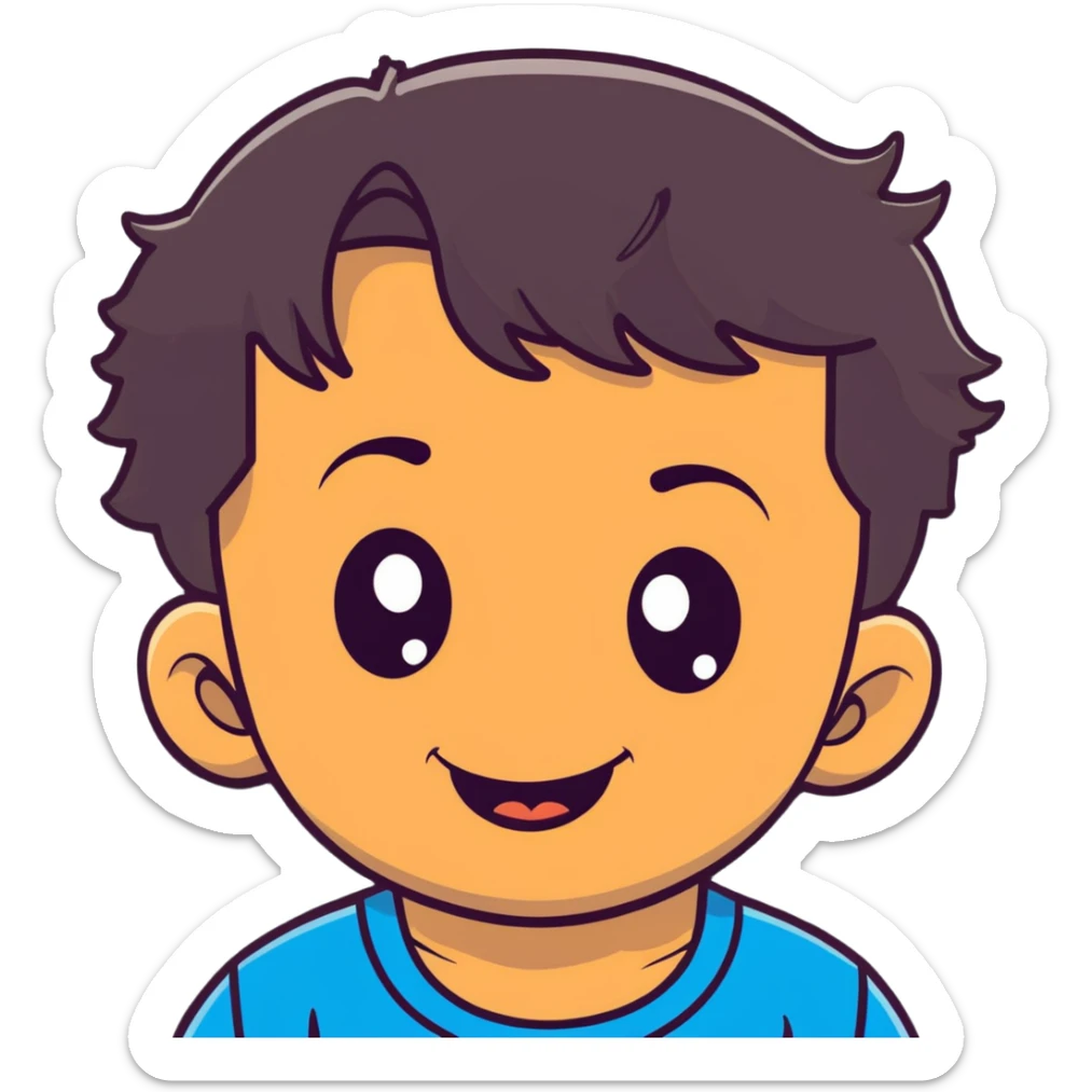 close-up of round smiling toddler boy face only with big eyes, medium skin tone, dark wavy hair, no neck visible, just the face sticker