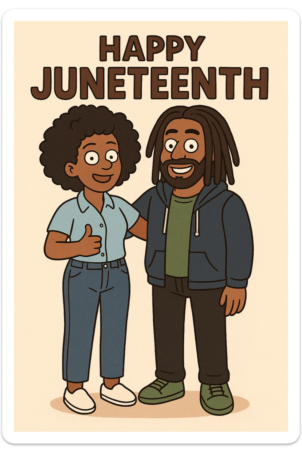 A woman Kinky hair light blue shirt blue jeans white shoes boy Dreadlocks dark brown hair green shuts navy blue zip up hoodie black jeans green shoes Bob Marley Vanessa Nakate Mae Jemison Happy JUNETEENTH sticker