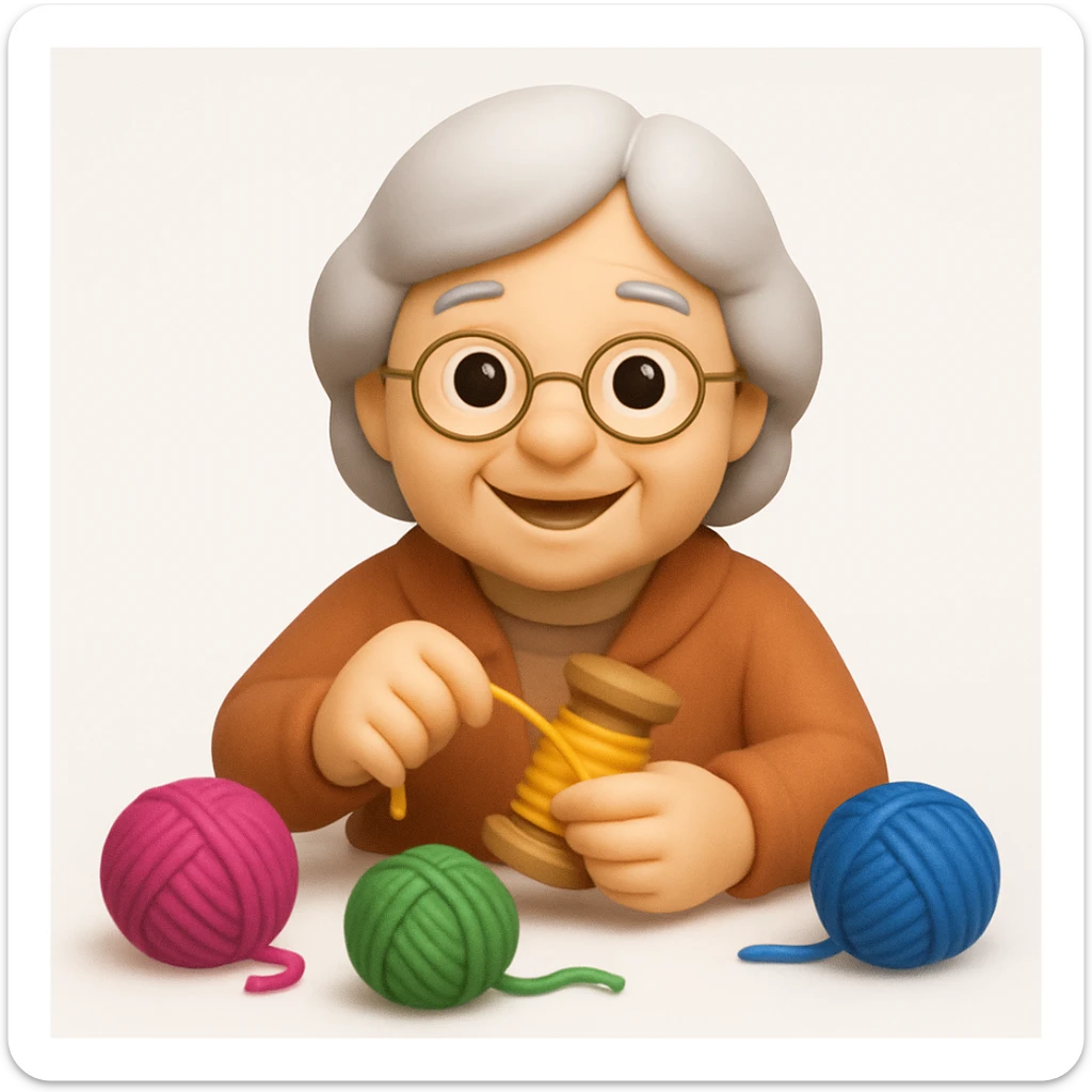 A 3D emoji in iOS emoji aesthetic style of an elderly woman winding thread onto a spool with both hands, smiling warmly, surrounded by colorful yarns, soft lighting, clean white background, cozy and cheerful design sticker