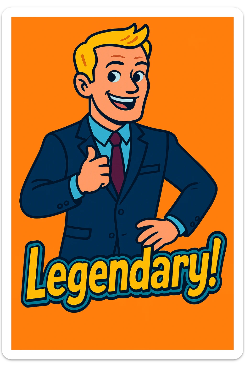 Add the text 'Legendary!' in a bold, fun cartoon font below Barney Stinson, matching the vibrant western adult animation cartoon style. The text should be colorful and lively to complement the character's energetic vibe. sticker