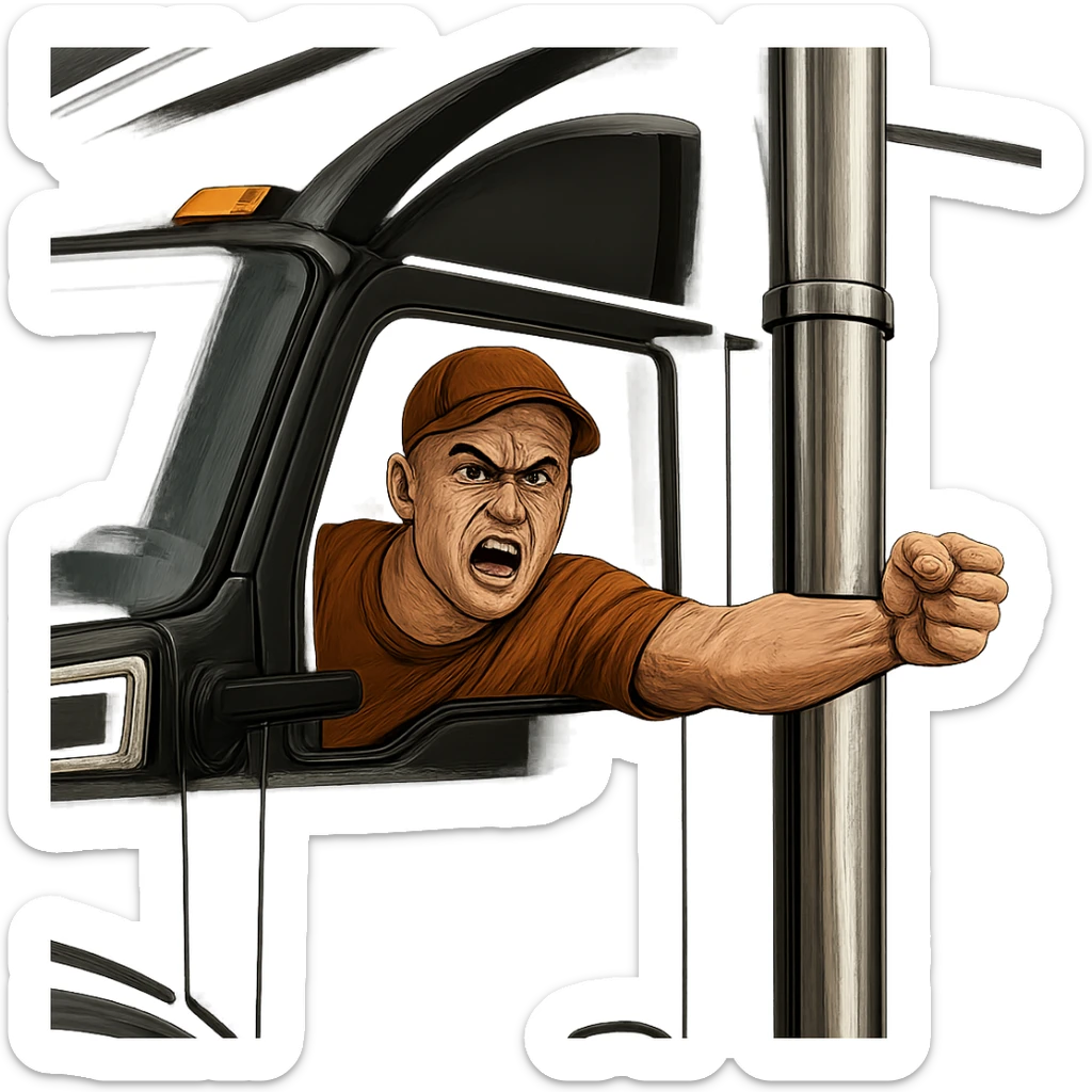 Zoom in closer on the cab of the truck. Make the person in the truck look angry, bald, wearing an orange shirt and a baseball cap. Keep the truck black with a chrome stack. Maintain a transparent background. sticker