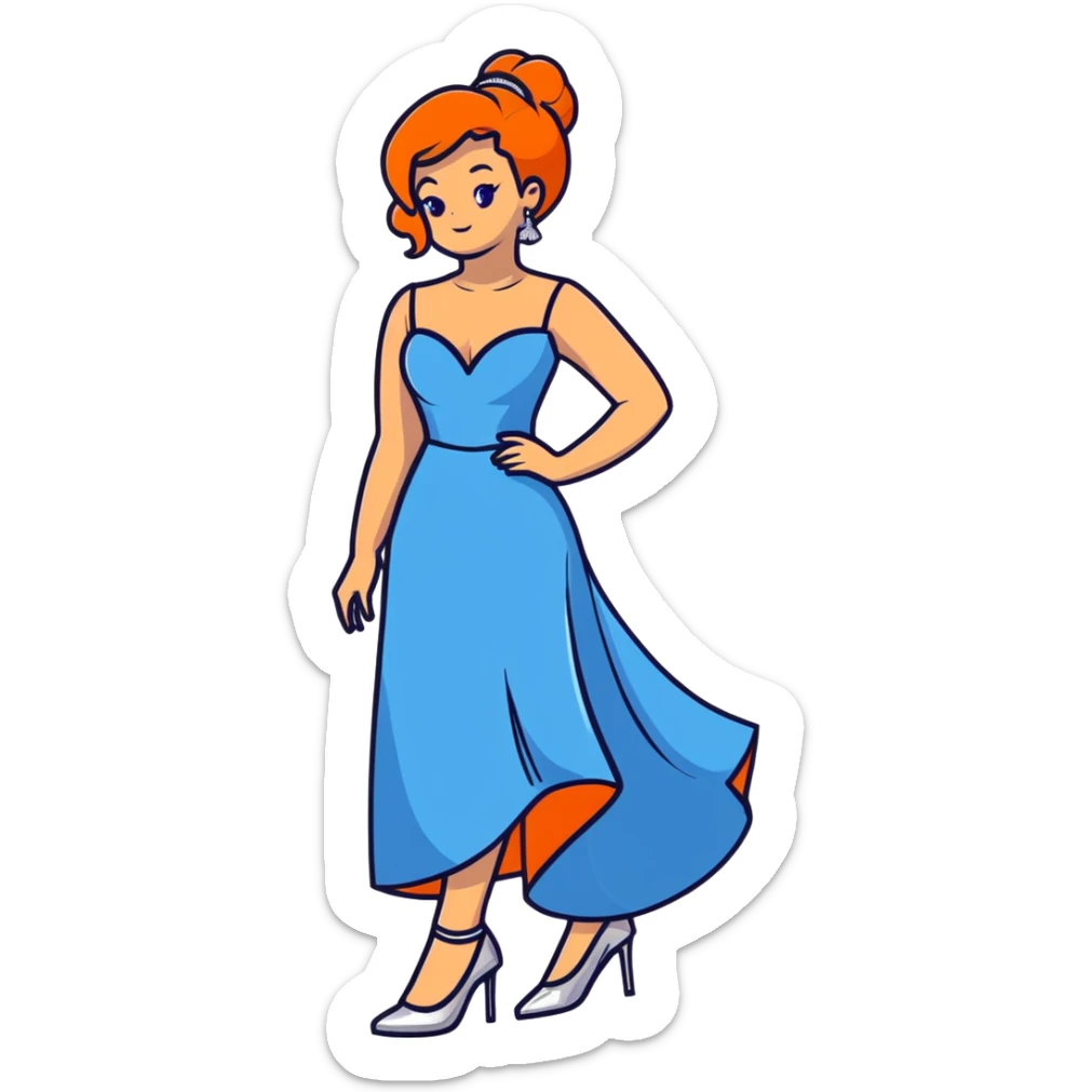 girl with big feet wearing silver heels and a big blue-grey prom dress sticker
